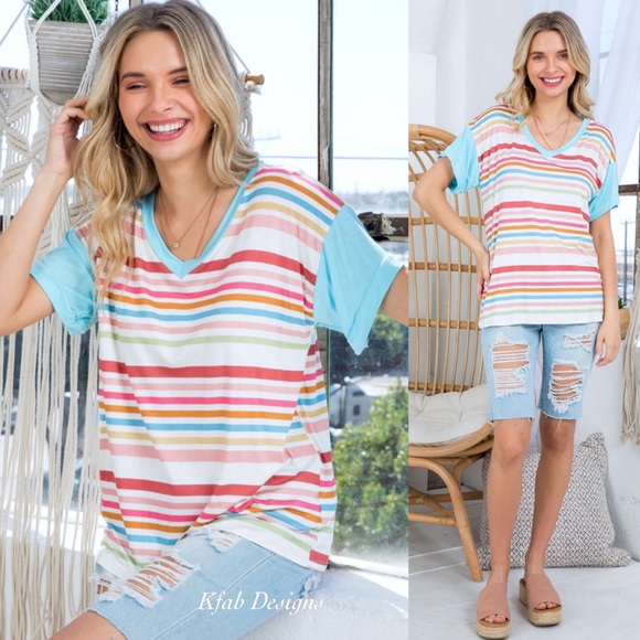 ❤️LAST! V Neck Super Soft Jersey Knit Multi Stripe Ruffle Sleeve Top! - Picture 2 of 11
